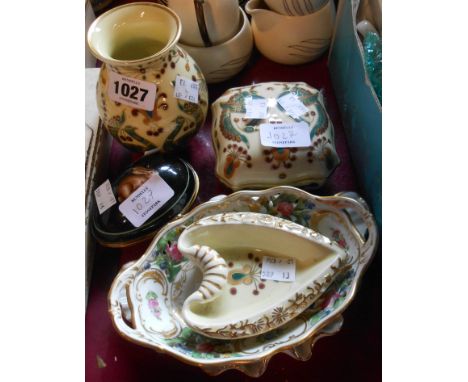 A small selection of ceramic items including three pieces of modern Zsolnay pottery, a floral decorated Dresden dish, French 