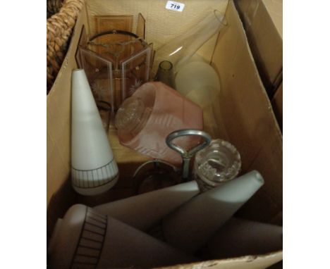 A box containing assorted vintage glass lampshades, etc.
