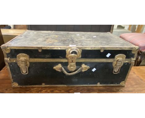 A vintage metal bound travelling trunk - internal tray missing