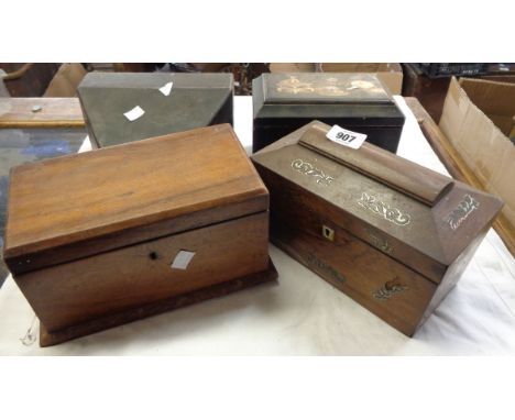 A rosewood veneered and mother-of-pearl inlaid sarcophagus form tea caddy - sold with another wooden box and two Japanese lac