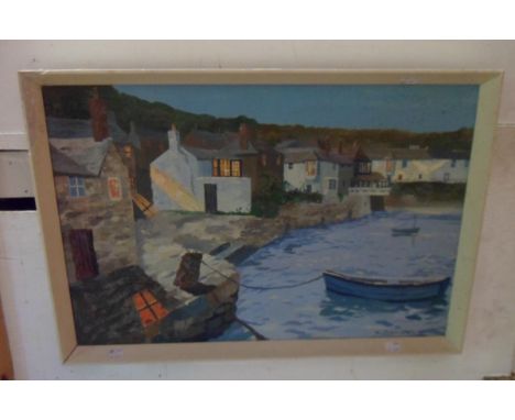 Justin Blake: a painted framed vintage acrylic on board, depicting waterside buildings - signed