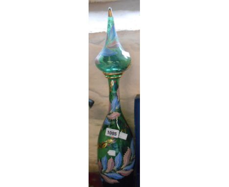 A large vintage coloured glass decanter and stopper with painted enamel and gilt decoration - stopper finial a/f