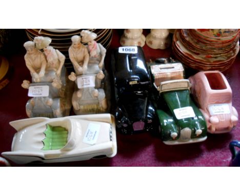 Six ceramic novelty car models including money boxes, etc.
