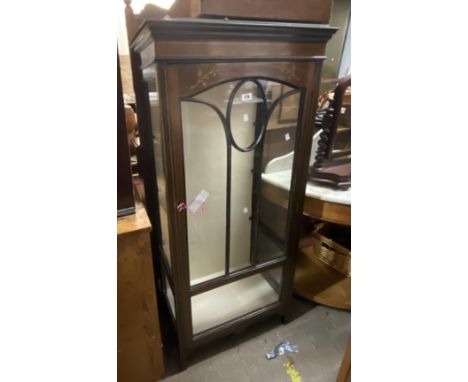 A 66cm early 20th Century inlaid mahogany display cabinet with later perspex shelves enclosed by a beaded glazed panel door