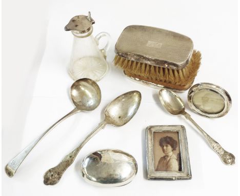 Two silver British Bull Dog Club spoons, antique ladle, two small frames, jar top, two brushes and a silver topped oil jug - 