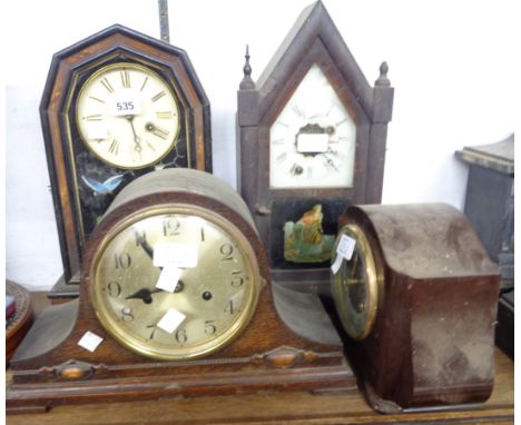 Two American shelf clocks - sold with a vintage Smiths Enfield bakelite cased mantle clock and an oak cased similar - various