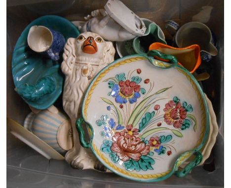 A box containing assorted ceramic items including Wedgwood fallow deer jug, Royal Copenhagen 1975 year plate, Myott jug, etc.