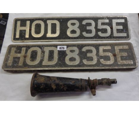 A vintage Lucas King of the Road car horn - bulb missing - sold with two vintage vehicle number plates