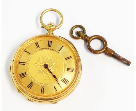 An early 20th Century marked 18k yellow metal cased lever fob watch with decorative gilt dial, engine turning and blank carto