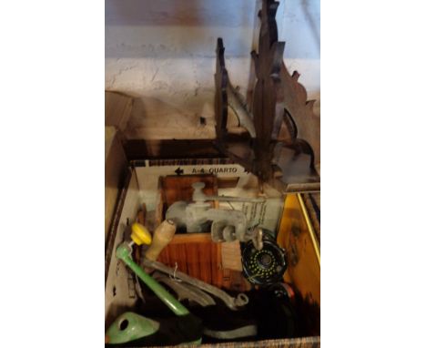 A box containing a quantity of collectable items including enamel and other kitchen mixers, fishing reel, wooden shelf, etc.