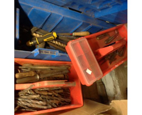 A modern tool box and tray containing a quantity of assorted tools including hammers, files, etc.