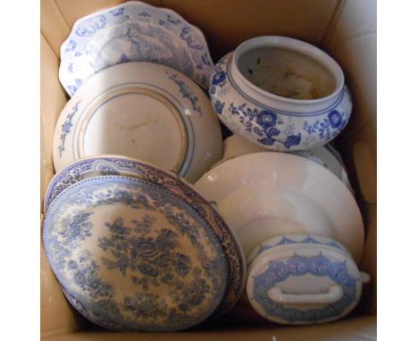 A box containing a selection of ceramic items including blue and white meat plates, etc.