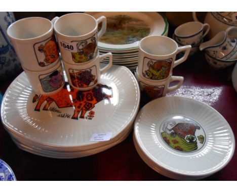 A set of six vintage English Ironstone Pottery 'Beefeater' steak plates (1 a/f) - sold with six similar side plates and cups