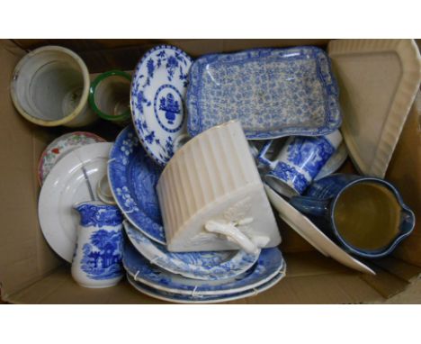 A box containing a selection of ceramic items including blue and white, etc.