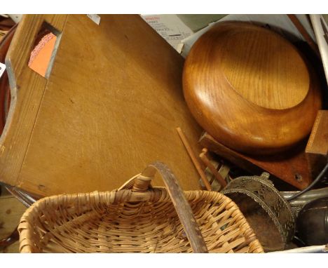 A box containing a quantity of assorted items including Sorrento ware box, old door lock, oil can, etc.