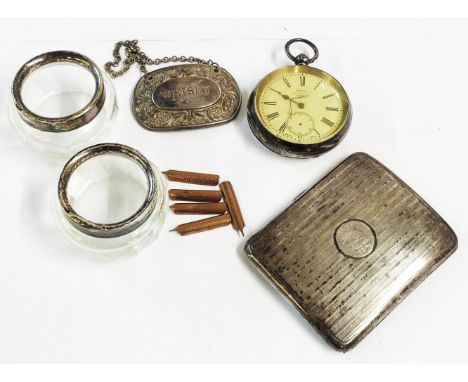 A silver cigarette case and a damaged silver cased Kays lever pocket watch, also two small glass pots, plated decanter label 