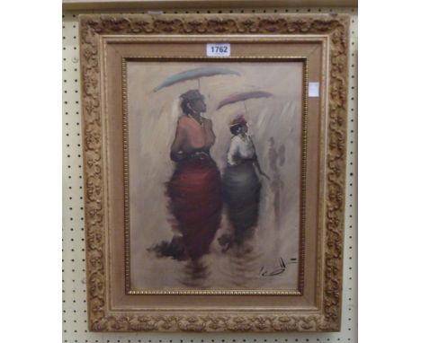 A parcel gilt and hessian framed vintage oil on canvas depicting two female figures with umbrellas - indistinctly signed