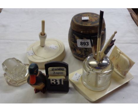A selection of writing related items including elephant decorated inkstand with white metal collared inkwell, carved wood and