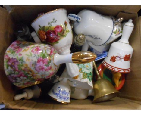 A box containing assorted ceramic and other novelty bells including Coalport, Royal Albert, Wedgwood, etc.