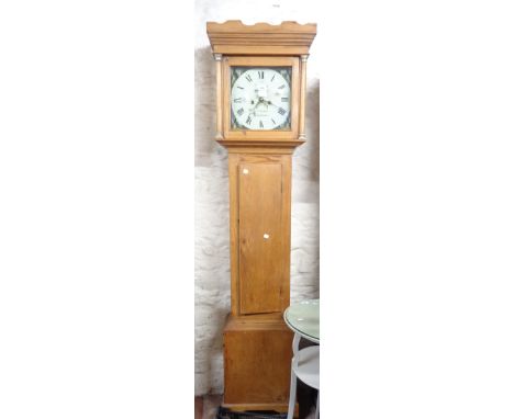 A late 18th Century pine longcase clock, the 29cm repainted square dial marked for C.P. Tickell of Kingsbridge, with eight da