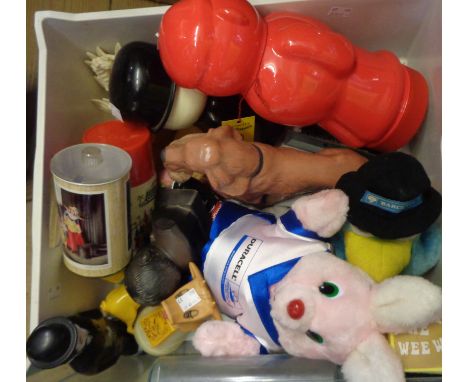 A drawer containing a quantity of vintage toys including Disney thermos flask, Home Pride Fred figurine, etc.