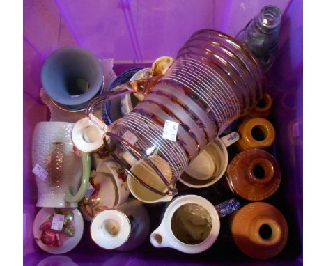 A box containing assorted ceramic items including stoneware ginger beer bottles, Wedgwood Jasperware, etc.