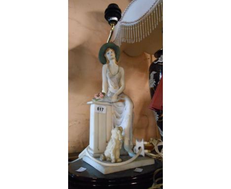 A resin figural lamp base depicting a lady with dog by her feet