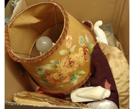 A box containing assorted collectable items including table lamp, onyx, marble bookends, etc.