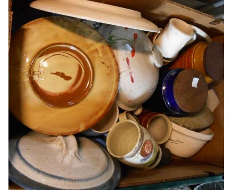 A box containing a selection of ceramic items including studio pottery, Hornsey storage jars, etc.