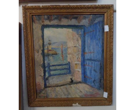 A gilt framed vintage oil on board, depicting a view from a window with lighthouse in mid ground - indistinctly signed