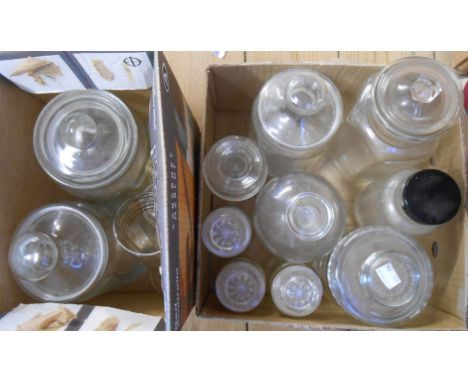 Two boxes containing assorted glassware including vintage sweet jars, chemist's bottle, etc.