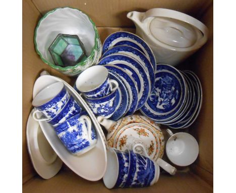 A box containing a quantity of assorted ceramic items including a blue and white part tea set, etc.