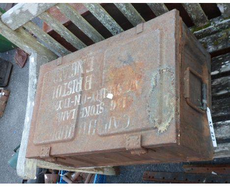 A metal ammunition case marked CAP HB JUP, Stokeland, Westbury-on-Tyne,Bristol and contents