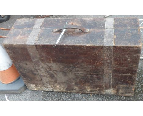 An old 82cm metal bound wooden trunk
