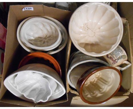 Two boxes containing a selection of antique and other ceramic jelly moulds, etc. - various condition