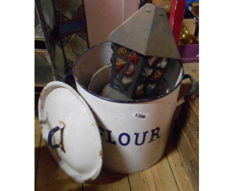 A vintage large enamel flour bin and lid, with another similar (no lid) - sold with two vintage glass studded hanging lantern