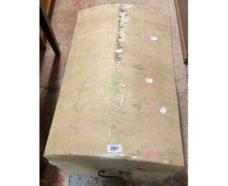 A 66cm Victorian paper clad dome-top trunk wit flanking iron drop handles - sold with a vintage locker stool