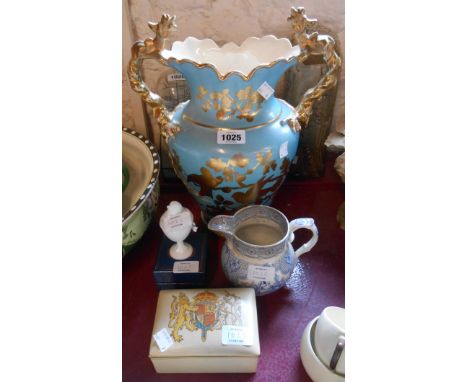 A small selection of ceramic items including large Victorian two handled pottery vase with gilt dragon handles, blue and whit