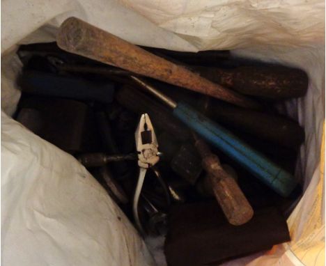 A box and a bag containing a quantity of old tools including air sander, etc.