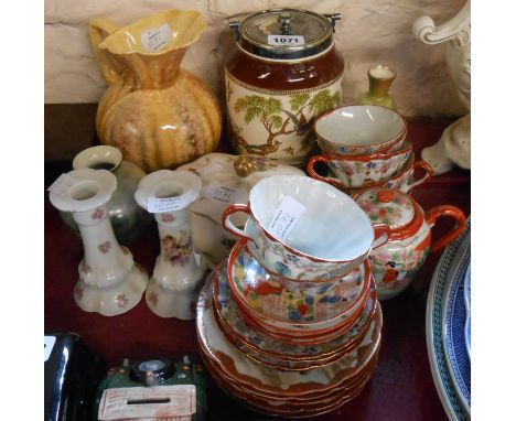 A selection of ceramic items including Royal Doulton lidded box, biscuit barrel, vases, candlesticks, Japanese eggshell porce