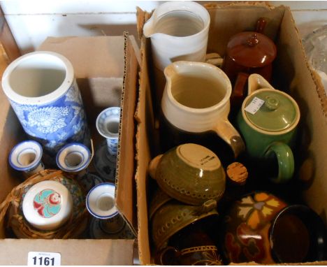 Two boxes containing assorted ceramic items including St Ives pottery jugs, etc.