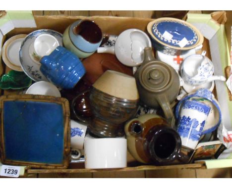 A box containing a selection of assorted ceramic items including studio pottery, etc.
