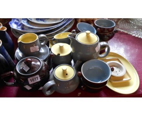 A selection of Denby Stoneware items in the grey/yellow and brown colourways including teapot, jugs, soup bowls, etc. - vario