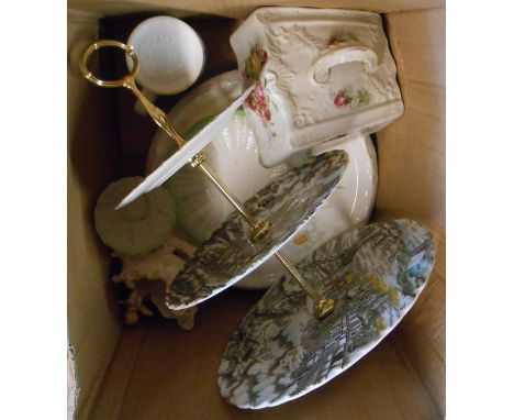 A box of ceramic items including Belleek cup and plate, bread plate, etc. - various condition