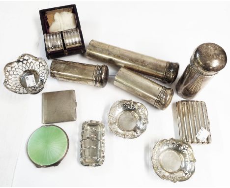 Various small silver items including cheroot case, compact and pair of bon bon dishes, also cased pair of initialled napkin r