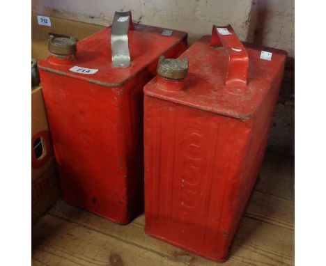 Two old Esso petrol cans with later red paint finish and brass caps