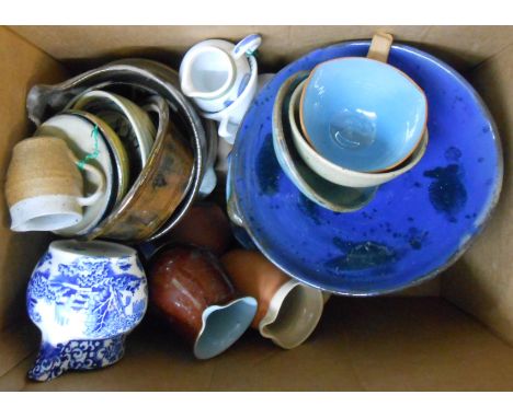 A box containing assorted ceramic items including studio pottery, etc.