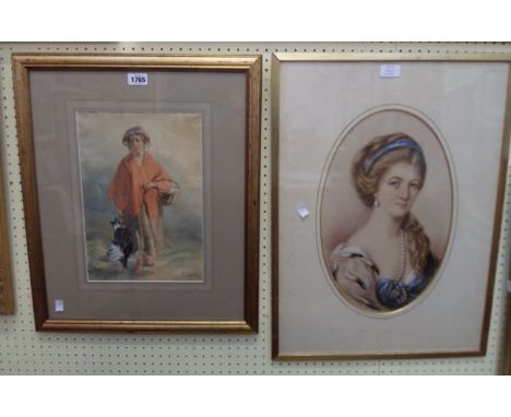 A gilt framed antique watercolour depicting a country girl carrying game bird and basket - sold with a gilt framed oval slipp