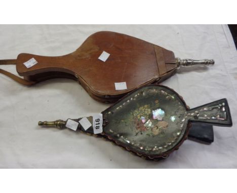 A pair of Victorian papier mache bellows decorated with central floral spray and mother-of-pearl highlighting - sold with a w