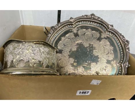 A box containing a quantity of silver plated items including circular tray, wine coasters and teapot, etc.